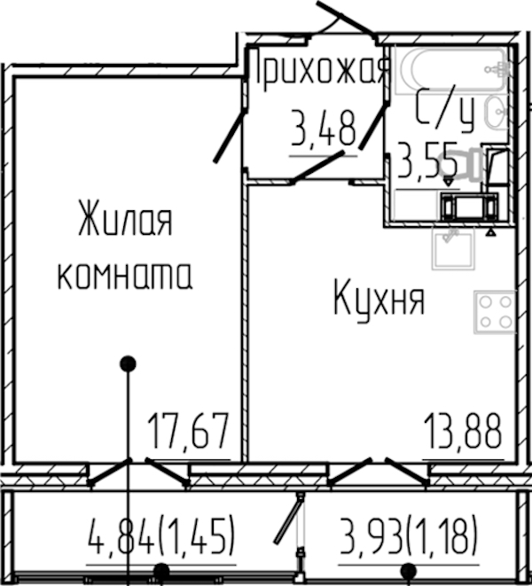 1-комнатная квартира 41.21 м², 3/8 эт., ЖК «SERTOLOVO PARK»
